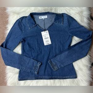 New Zara Denim cotton blend polo top chambray Collared